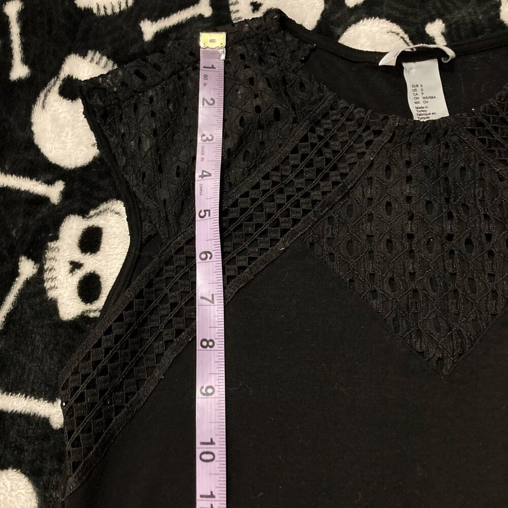 H&M Black geometric lace adorned black short-sleeve top ~ Goth XS SMALL shirt - Picture 10 of 12